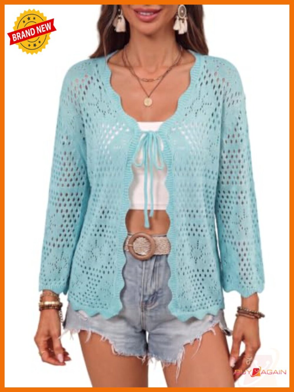 Open Front Tie Knit Crochet Hollow Out Cardigan V-Neck 3/4 Sleeve Lightweight